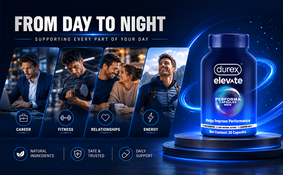 Durex Elevate Performa Capsules for Men | Ashwagandha KSM-66 Purified Shilajit & Supplement | Supports Strength & Stamina | 30 Capsules