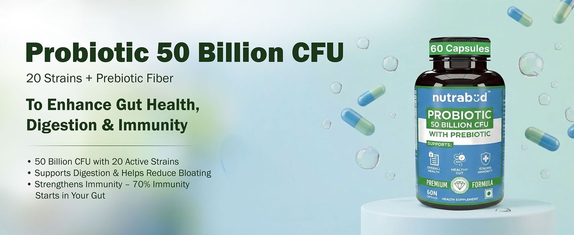 Nutrabud Probiotic Supplement 50 Billion CFU - 60 Veg Capsules - Probiotic for Gut Health Supplements - Supports Digestion & Immunity (60 Count (Pack of 1), Unflavoured)