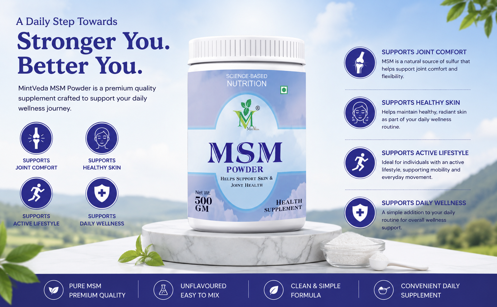 Herbal MSM Powder (Methylsulfonylmethane) for Hair Growth, Healthy Skin & Joint Support, 500 Gram, Pack of 1