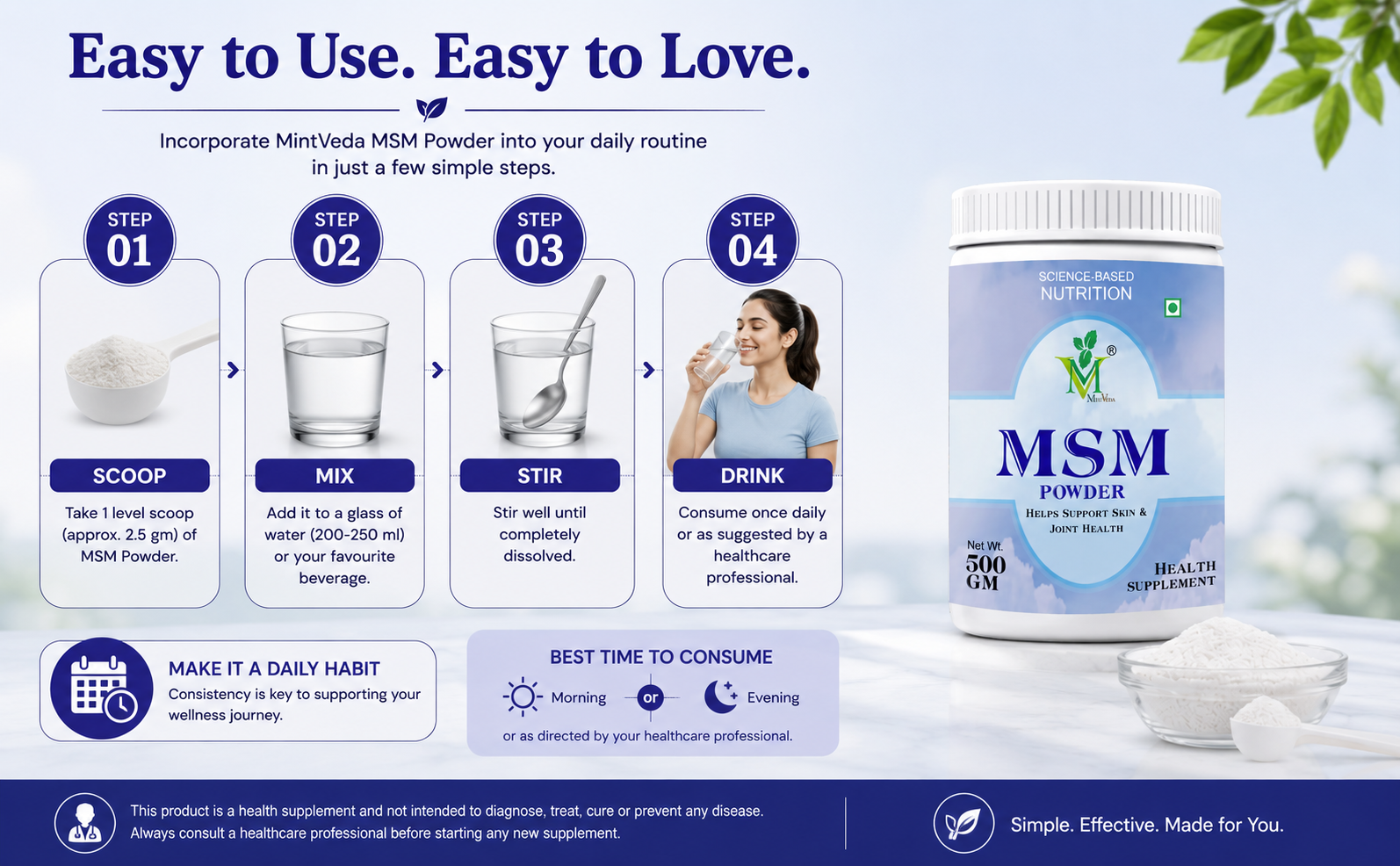 Herbal MSM Powder (Methylsulfonylmethane) for Hair Growth, Healthy Skin & Joint Support, 500 Gram, Pack of 1