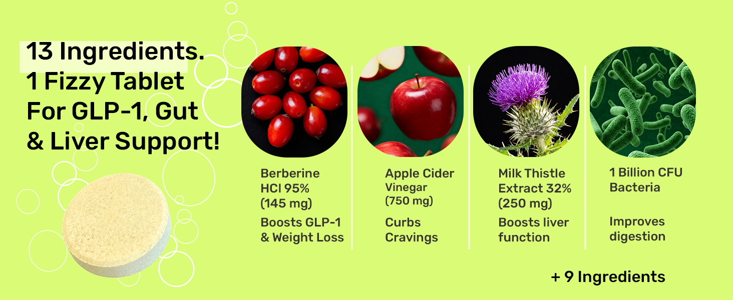 What’s Up Wellness Apple Cider Vinegar with Berberine & GLP-1 Booster For Weight Loss | ACV Effervescent Tablets | Tangy Green Mango Flavour | Manages Cravings | Weight Management | 45 Tablets