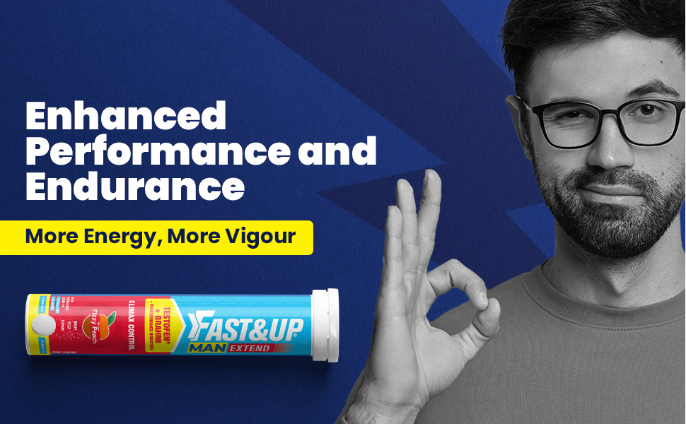 Fast&Up Man Extend | Testofen® Fenugreek Extract |Nitric Oxide Booster + Energizing Blend | Shatavari | Brahmi| Helps Improves Vitality & Stamina | Pack of 20 Effervescent (Peach Flavour)