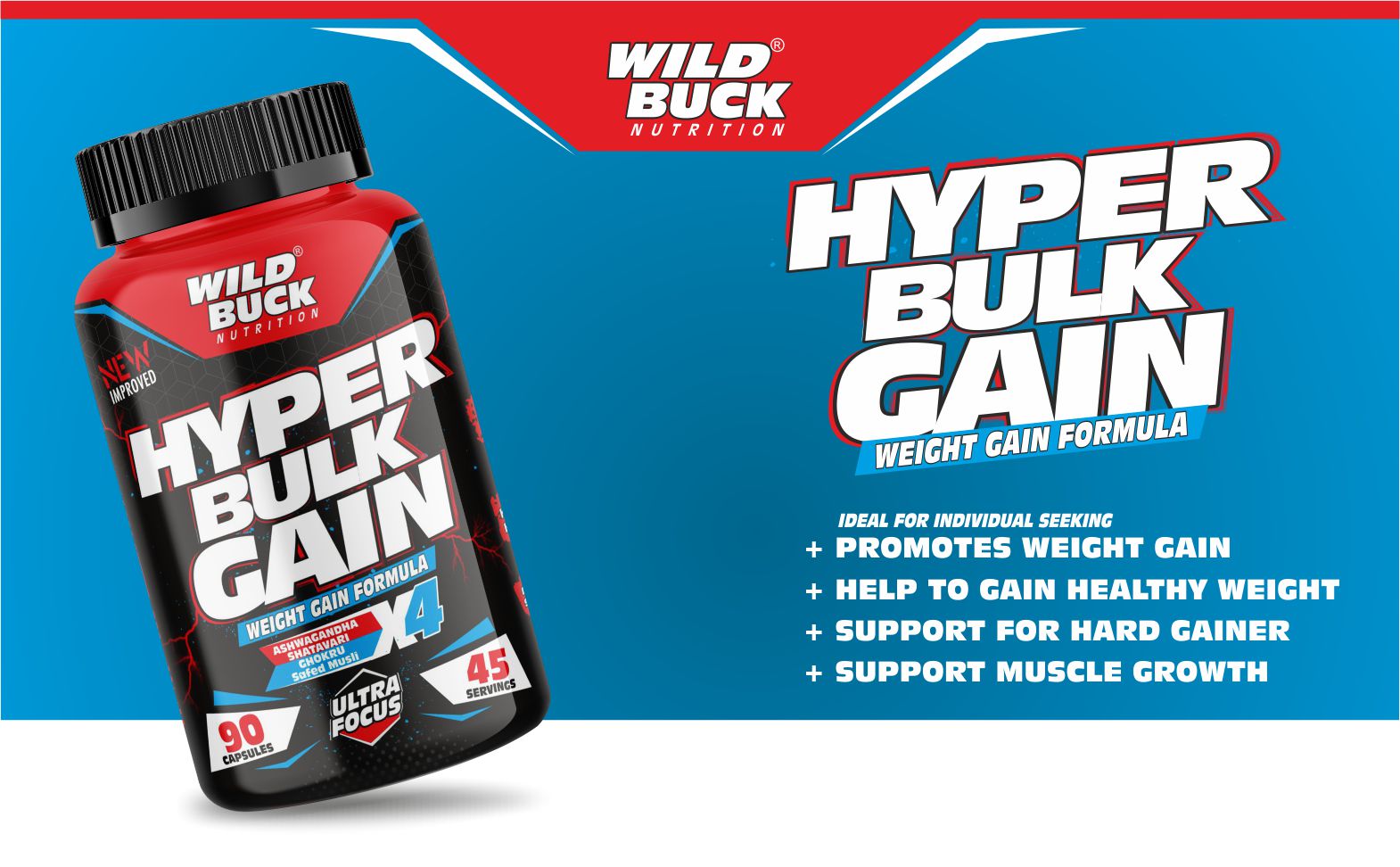 WILD BUCK Hyper Bulk Gain Mass & Weight Gainer Capsule For Fast Weight & Muscle Gain,Daily Muscle Building Weight Supplement For Muscle Growth,Stamina & Strength,For Men & Women- 90 Cap,1 Count