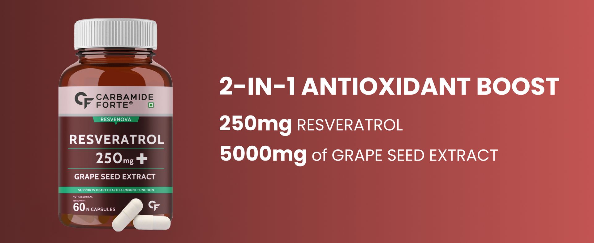 Carbamide Forte Resveratrol 250mg with Grape Seed Extract | Pharma Grade Resveratrol Supplements for Max Absorption - 60 Veg Capsules