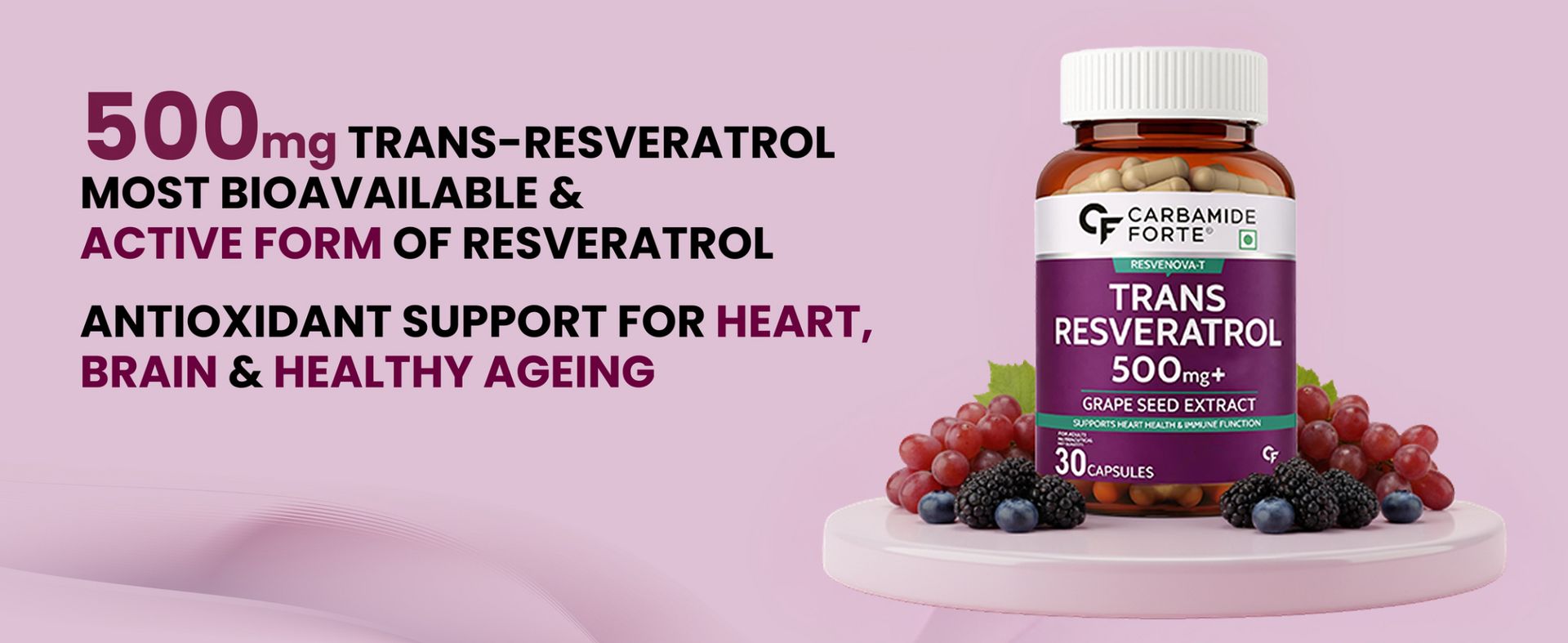 Carbamide Forte Resveratrol Supplement 500mg with Grape Seed Extract | Trans Resveratrol 500mg | Grape Seed Extract Capsules with Highly Bioavailable | Antioxidant Support for Healthy Aging | Heart, Immune & Skin Support | 30 Veg Capsules