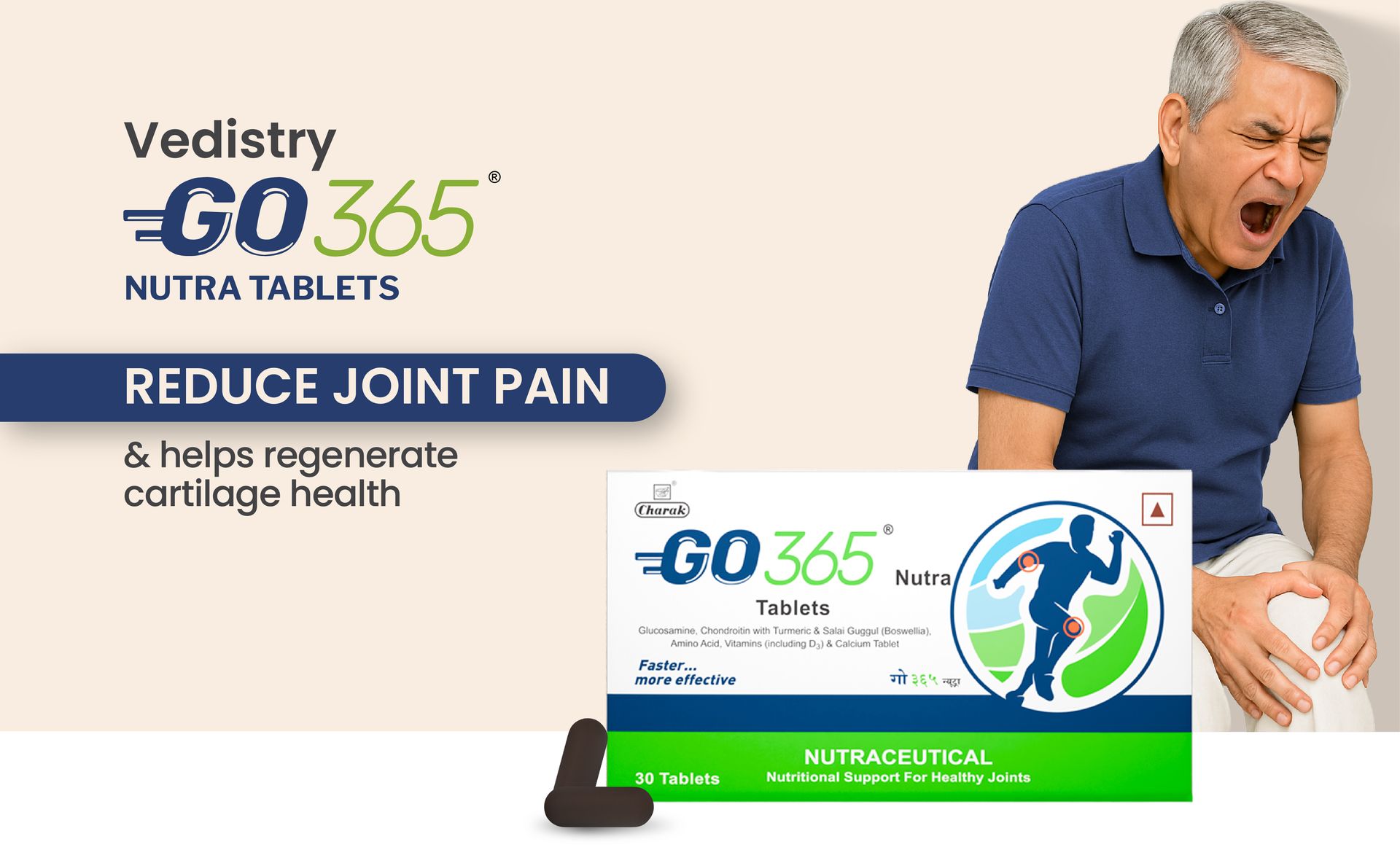 Vedistry Go365 Nutra Tablets | Ayurvedic Pain & Mobility Support | Helps Reduce Stiffness, Strengthen Bones & Flexibility | Daily Joint Health Supplement with Glucosamine, Chondroitin & Curcumin – 30 Tabs (Pack of 1)