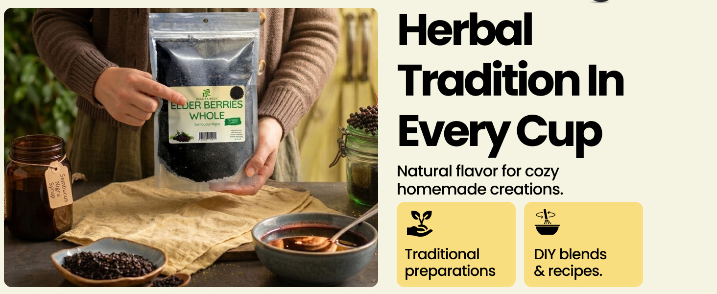 Herb To Body Organic Elderberry Dried Whole - 4oz Wildcrafted Sambucus Elderberry for Syrup, Teas, and Herbal Recipes