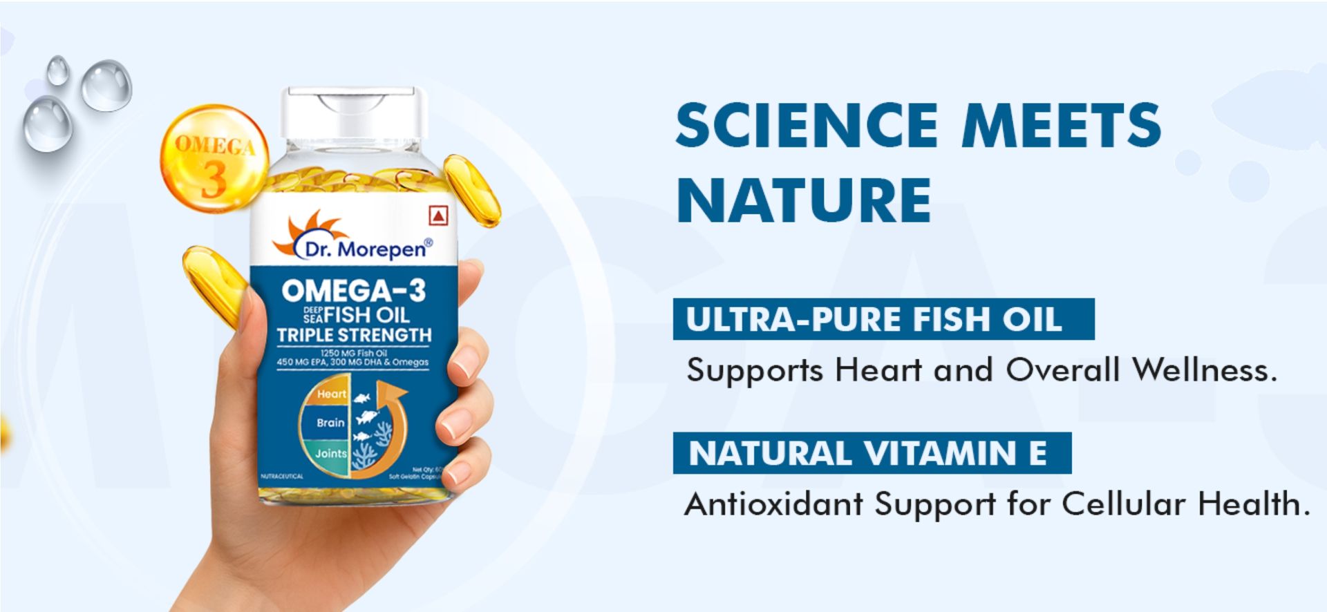 Dr. Morepen Omega-3 Fish Oil | 1250mg Triple Strength Fish Oil Softgel Capsules (450mg EPA & 300mg DHA) | For Joint & Heart Health (60 Capsules)