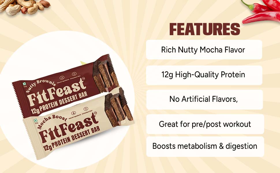 FitFeast Dessert Protein Bar Variety Pack of 6 | 3 x Mocha Boost and 3 x Nutty Brownie | 12g Protein Bar without Added Sugar & No Artificial Preservatives | 45g Bar | As Seen on Shark Tank