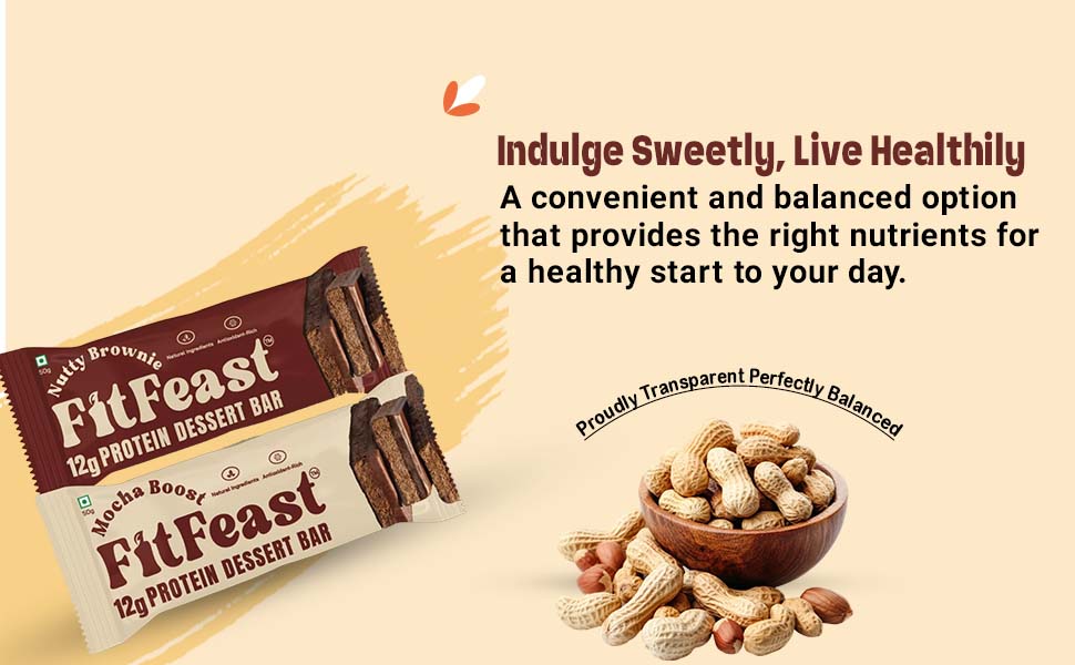 FitFeast Dessert Protein Bar Variety Pack of 6 | 3 x Mocha Boost and 3 x Nutty Brownie | 12g Protein Bar without Added Sugar & No Artificial Preservatives | 45g Bar | As Seen on Shark Tank