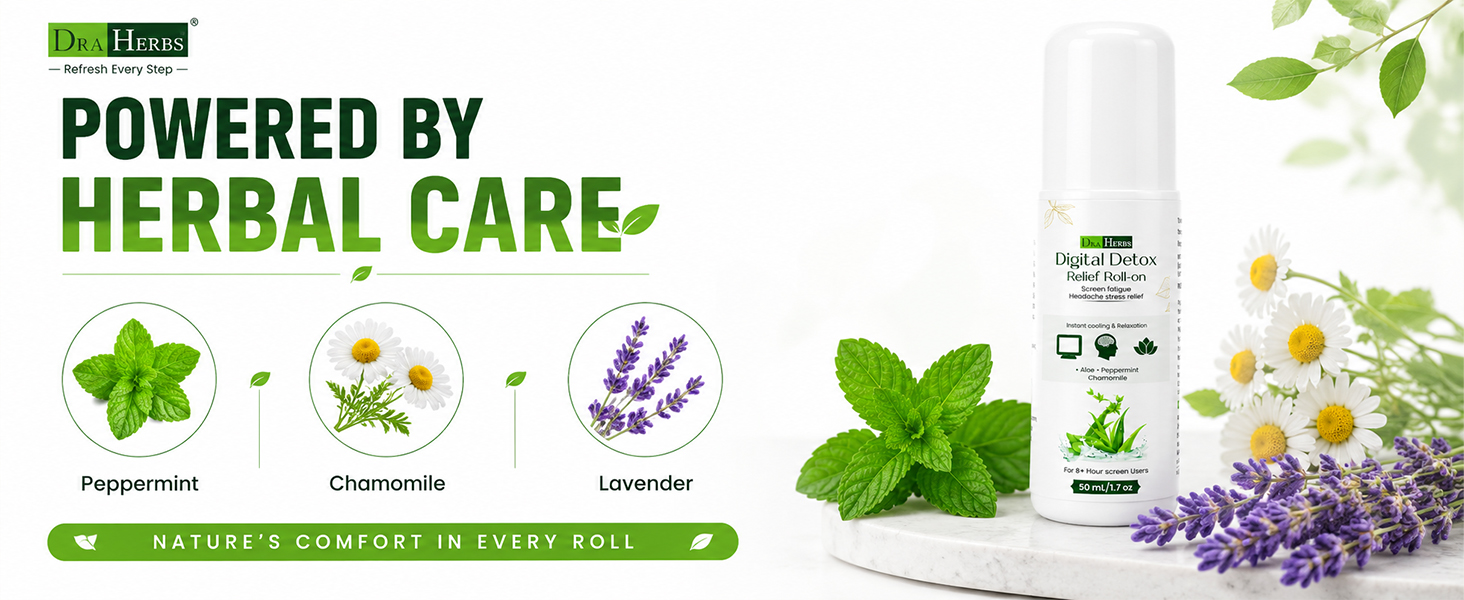 Digital Detox Relief Roll On 50 ml for Headache, Eye Strain & Screen Fatigue Relief Cooling Herbal Roll-On with Peppermint Chamomile & Lavender Ayurvedic Stress Relief Relaxation Therapy