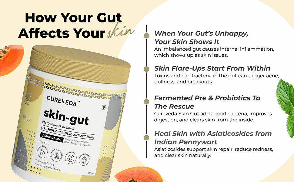Cureveda SkinGut Pre & Probiotic Powder for Clear Skin | Supports Acne Control | Gut Health| Skin Detox | Plant-Based Formula with Antioxidants | No Added Sugar & Artificial Flavour(150 gm)