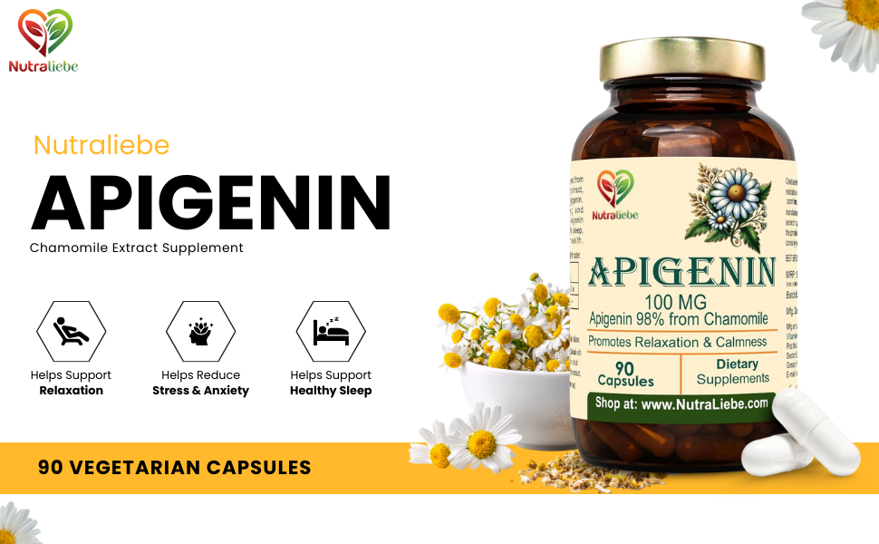 Apigenin 100 mg – Chamomile Extract Supplement – Natural Sleep & Anxiety Support – Non-GMO, Vegan – 90 Veg Capsules