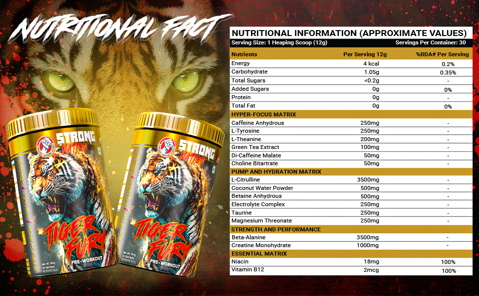Strong Nation Tiger Fury Pre Workout Powder | Energy & Focus | 360g