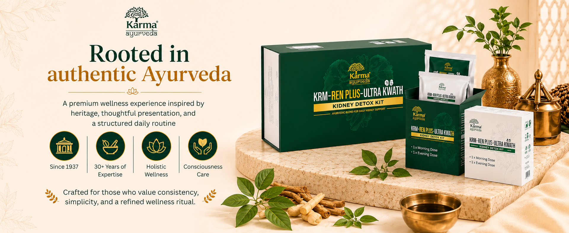 Karma Ayurveda KRM-Ren Plus Ultra Kwath Kidney Detox Kit | 28 Ayurvedic Herbs with Gokshura, Punarnava & Varun | Developed by Dr. Puneet Dhawan | Morning & Evening Dose 15 Days Kit
