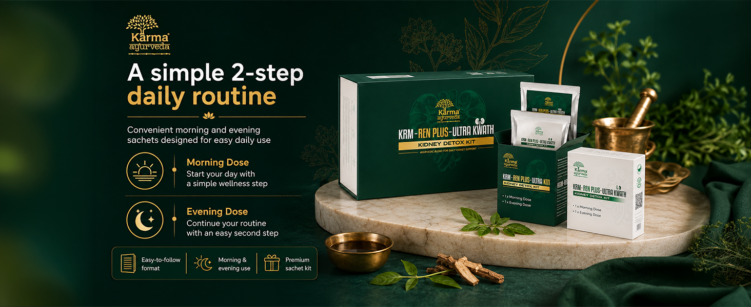 Karma Ayurveda KRM-Ren Plus Ultra Kwath Kidney Detox Kit | 28 Ayurvedic Herbs with Gokshura, Punarnava & Varun | Developed by Dr. Puneet Dhawan | Morning & Evening Dose 15 Days Kit