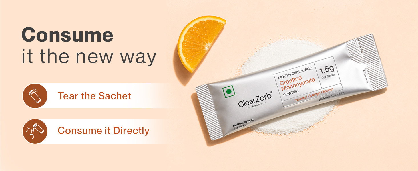 ClearZorb by Miduty Creatine Monohydrate | World's First Mouth Dissolving Creatine | Supports Muscle Strength & Brain Function | 3g Daily | Fast Absorption | Natural Orange | 30 Sachets