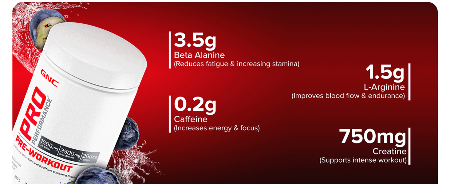 GNC Pro Performance Pre-Workout | 360 gm | 30 Servings | Boosts Pump & Energy | Speeds Up Recovery | 1500 mg L-Arginine | 3500 mg Beta-Alanine | 200 mg Caffeine | Fruit Punch
