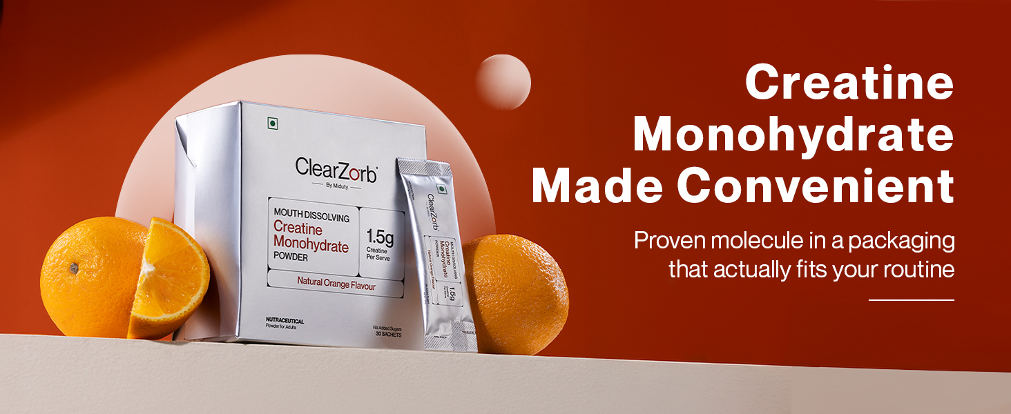 ClearZorb by Miduty Creatine Monohydrate | World's First Mouth Dissolving Creatine | Supports Muscle Strength & Brain Function | 3g Daily | Fast Absorption | Natural Orange | 60 Sachets
