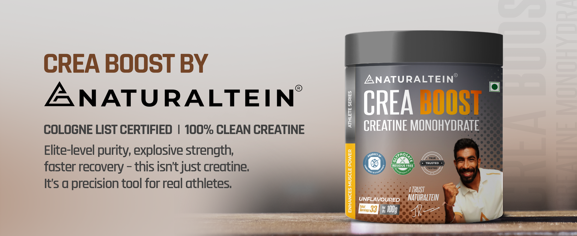 NATURALTEIN Creatine Monohydrate Unflavoured (100 Grams, 33 Servings)| Boosts Strength, Endurance & Muscle Recovery | No Fillers, No Preservatives|Fast Recovery|Increases Muscle Mass