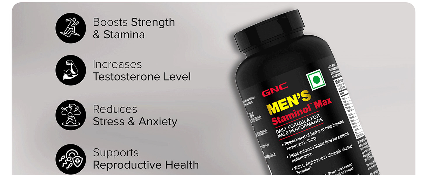 GNC Staminol Max for Men | 60 Veg Tablets | Blend of 8 Superherb | Increases Blood Flow | Maximizes Strength & Stamina | Supports Men's Health