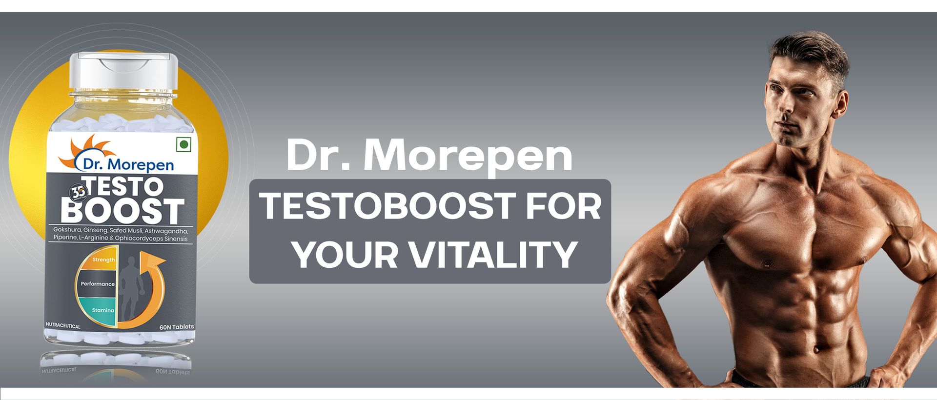 DR. MOREPEN Testo Boost For Men Enriched With Gokshura, Shilajit, Safed Musli, Ashwagandha, L-Arginine, & Ophiocodyceps Sinensis - 60 Veg Tablets