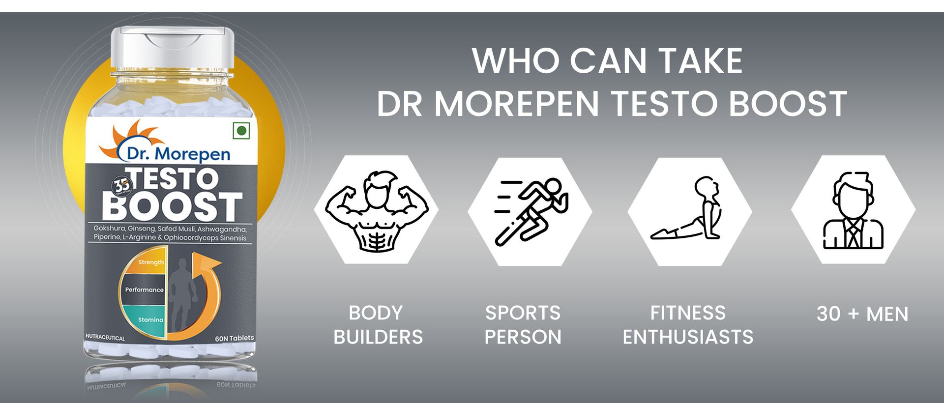 DR. MOREPEN Testo Boost For Men Enriched With Gokshura, Shilajit, Safed Musli, Ashwagandha, L-Arginine, & Ophiocodyceps Sinensis - 60 Veg Tablets
