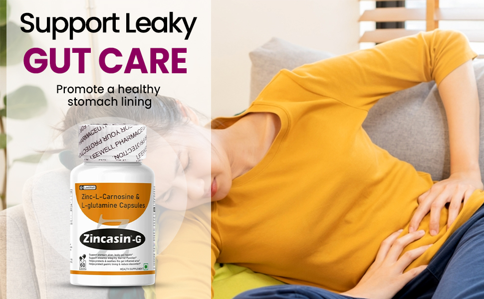 Zincasin -G (LeeWell) Zinc Carnosine with L Glutamine 1100mg Supplement | support gut lining repair, inflammation reduction, leaky gut recovery and digestive comfort- 60 Capsules
