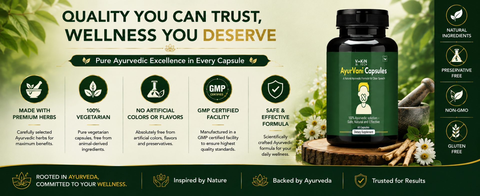 Vokin Biotech AyurVani Capsules | Ayurvedic Herbal Supplement with Brahmi, Shankhpushpi, Bhringraj & Shatavari | Botanical Formula for Cognitive Support & Overall Wellness | 60 Veg Capsules