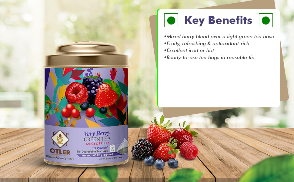 Otler Very Berry Green Tea | 25 Fruity Tea Bags in Reusable Metal Caddy | Berry-Flavoured Green Tea | Medium Caffeine | Refreshing, Aromatic & Light |