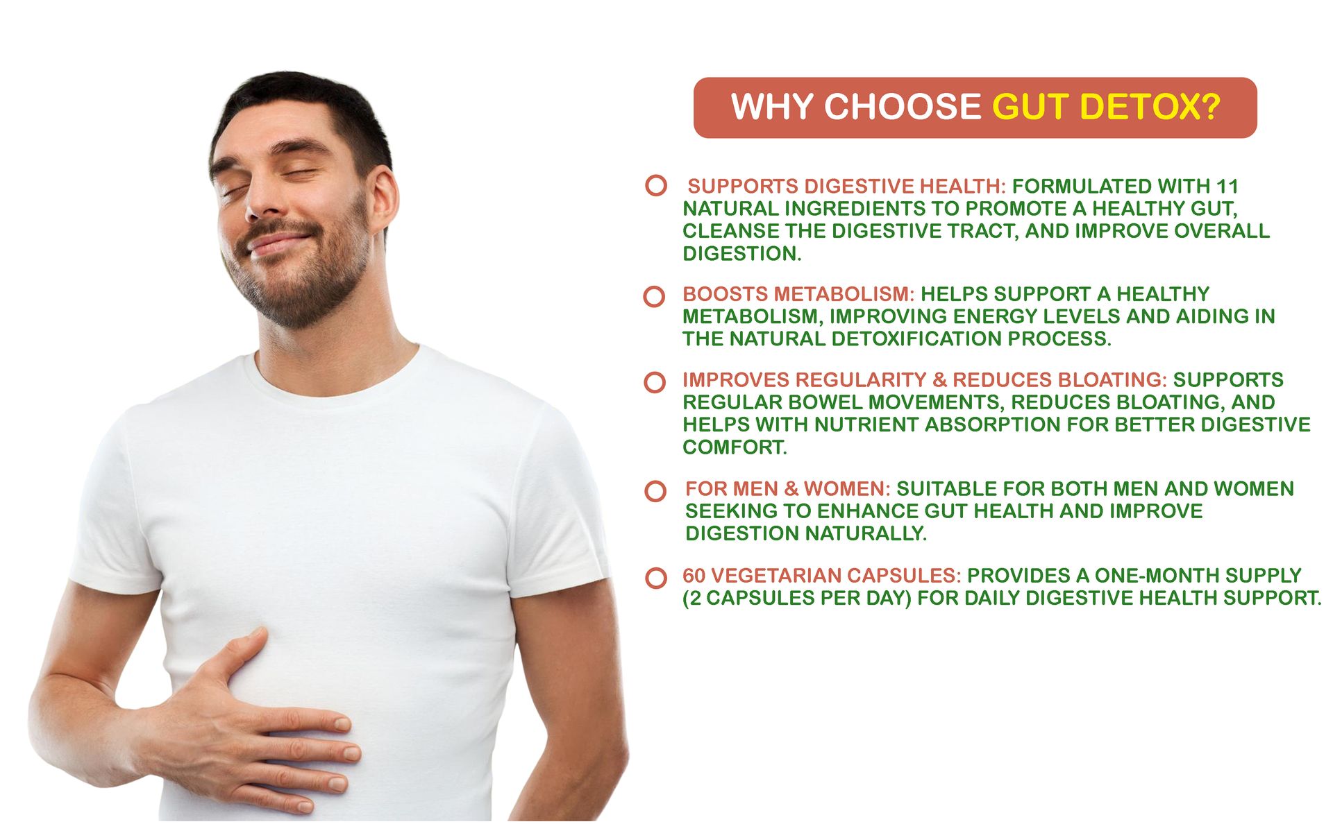 Plant Based Gut Detox with 11 Natural Ingredients | Supports Metabolism & Healthy Gut | Improves Digestive Health - 60 Veg Capsules