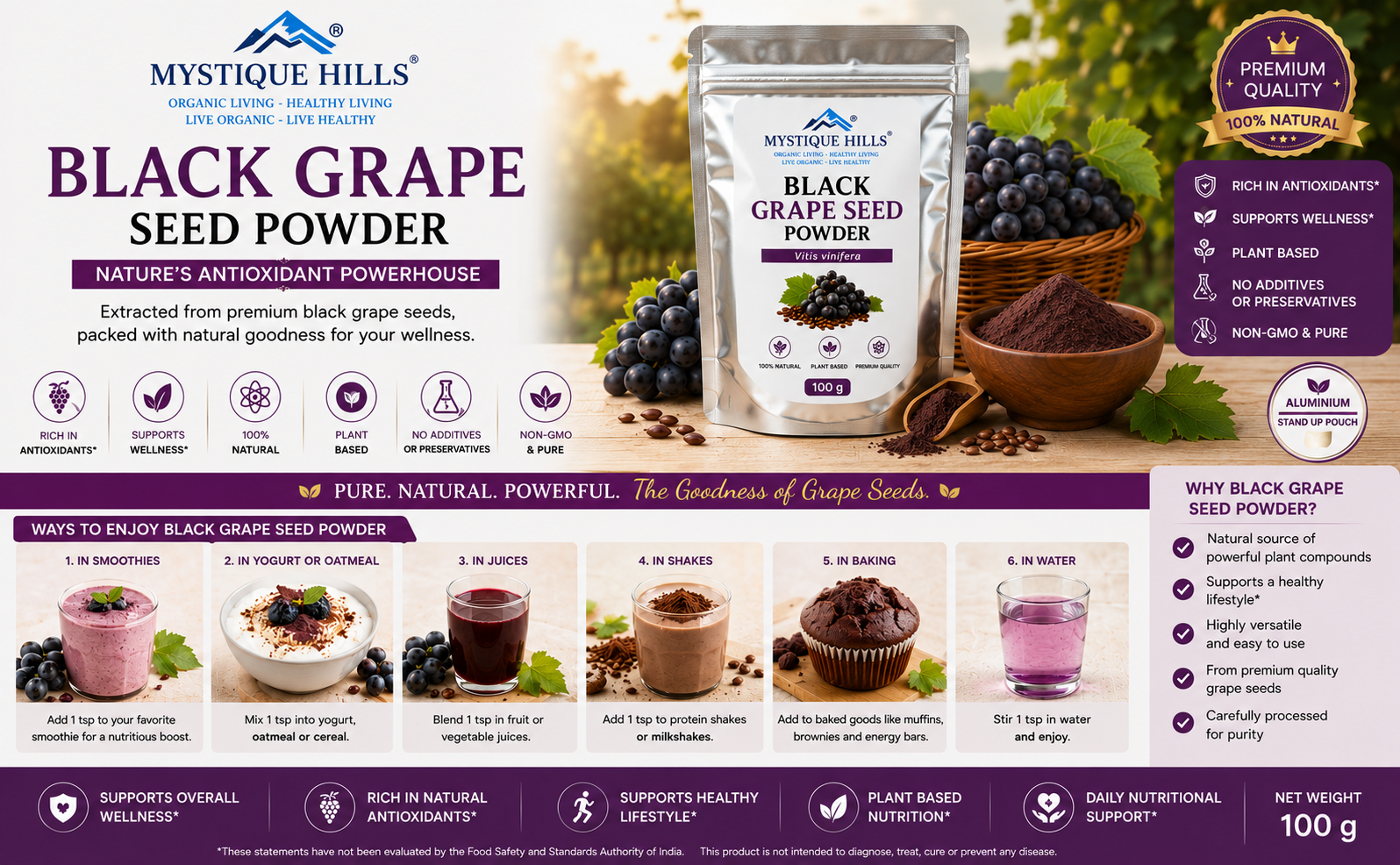 Mystique Hills Organic Black Grape Seed Powder 100 g