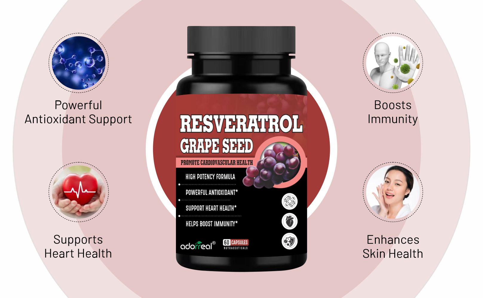 Resveratrol Grape Seed Supplement, 60 Capsules, High Potency Antioxidant Formula for Heart Health and Immunity Support