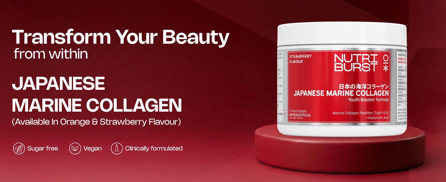 Nutriburst Japanese Marine Collagen Powder (Type I & III), 200g with 300ml Bottle | For Skin, Hair, Nails & Joints | Strawberry Flavour | High Absorption Collagen for Men and Women | Pack of 2