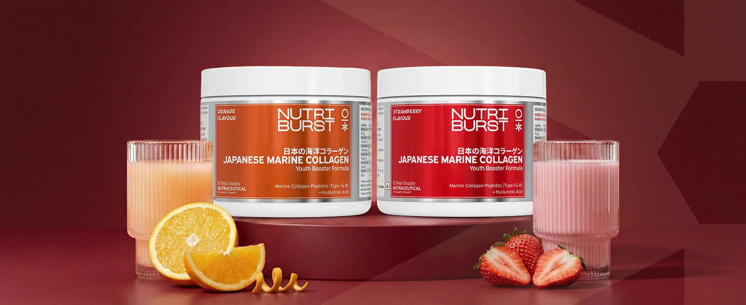 Nutriburst Japanese Marine Collagen Powder (Type I & III), 200g with 300ml Bottle | For Skin, Hair, Nails & Joints | Strawberry Flavour | High Absorption Collagen for Men and Women | Pack of 2