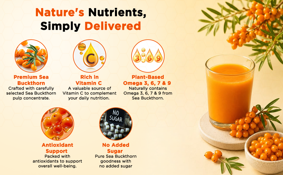 4U Nutrition Sea Buckthorn Juice 500ml (Pack of 4) | Natural Antioxidant Beverage with Vitamin C, Omega 3, 6, 7, 9 | Sea Buckthorn Pulp Concentrate for Daily Wellness & Total Body Care | For Men & Women