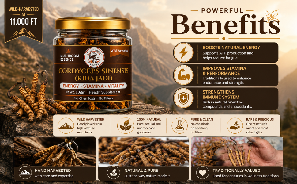 Mushroom Essence Cordyceps Sinensis Select Grade 60 pcs- (2–3 Pcs/gm) | Original Kida Jadi Buti (Yarsagumba) | Premium Whole Cordyceps Mushroom | 20g | Pack of 1
