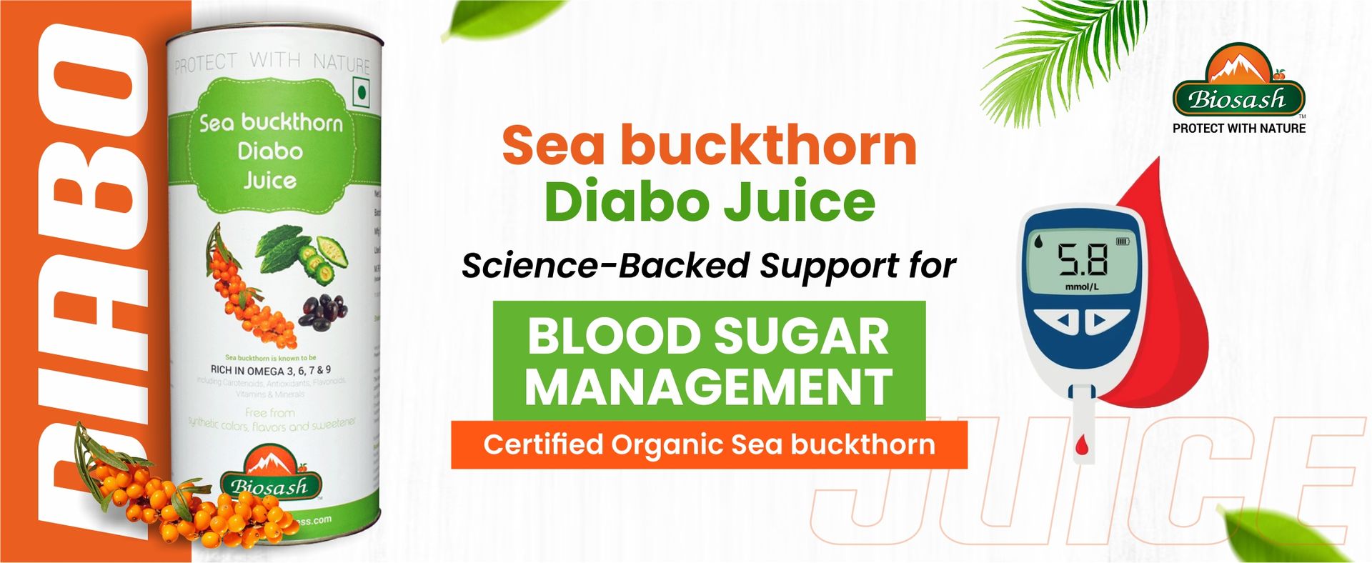 Biosash Sea Buckthorn DIABO Juice 750ml | From Certified Organic Berries, Cold-Pressed | Rich in Omega 3 6 7 9, Vitamins & Antioxidants | Herbal extracts for Sugar control | No Added | 150 Serves