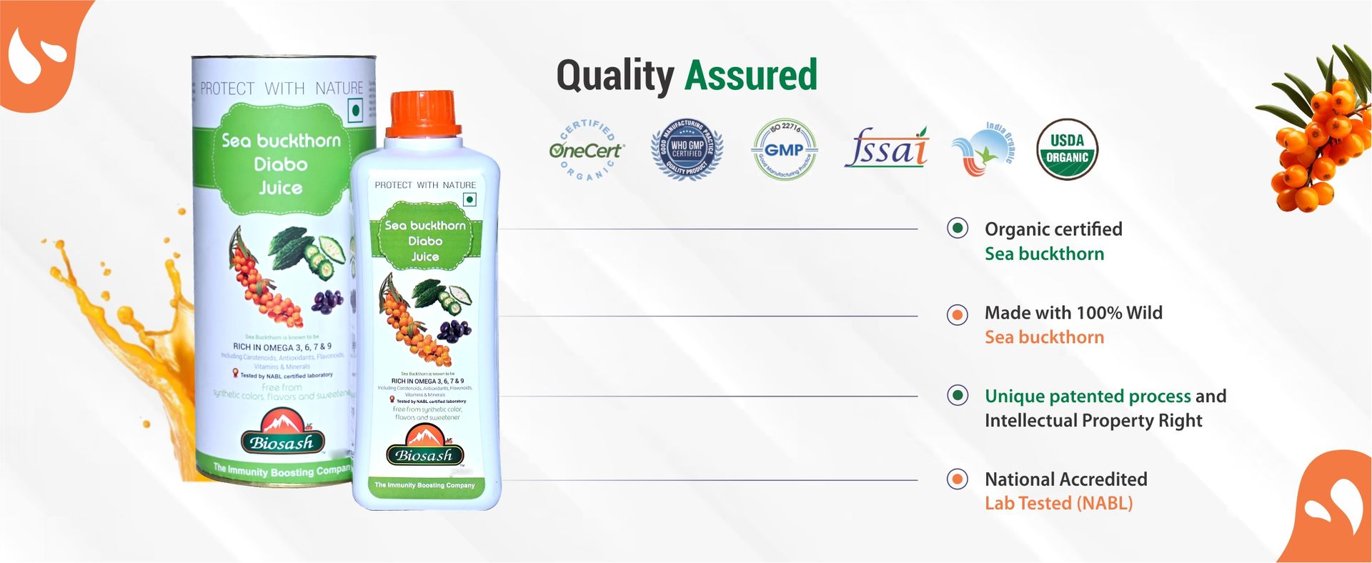Biosash Sea Buckthorn DIABO Juice 750ml | From Certified Organic Berries, Cold-Pressed | Rich in Omega 3 6 7 9, Vitamins & Antioxidants | Herbal extracts for Sugar control | No Added | 150 Serves