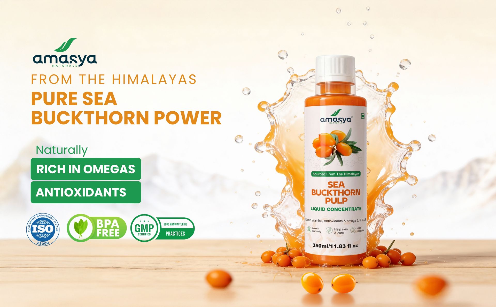Amasya Naturals Sea Buckthorn Pulp Liquid Concentrate 350ml | Himalayan Sourced | Rich in Omega 3 6 7 & Antioxidants | Supports Immunity Skin & Digestion | Natural Health Supplement Juice (Pack of 1)
