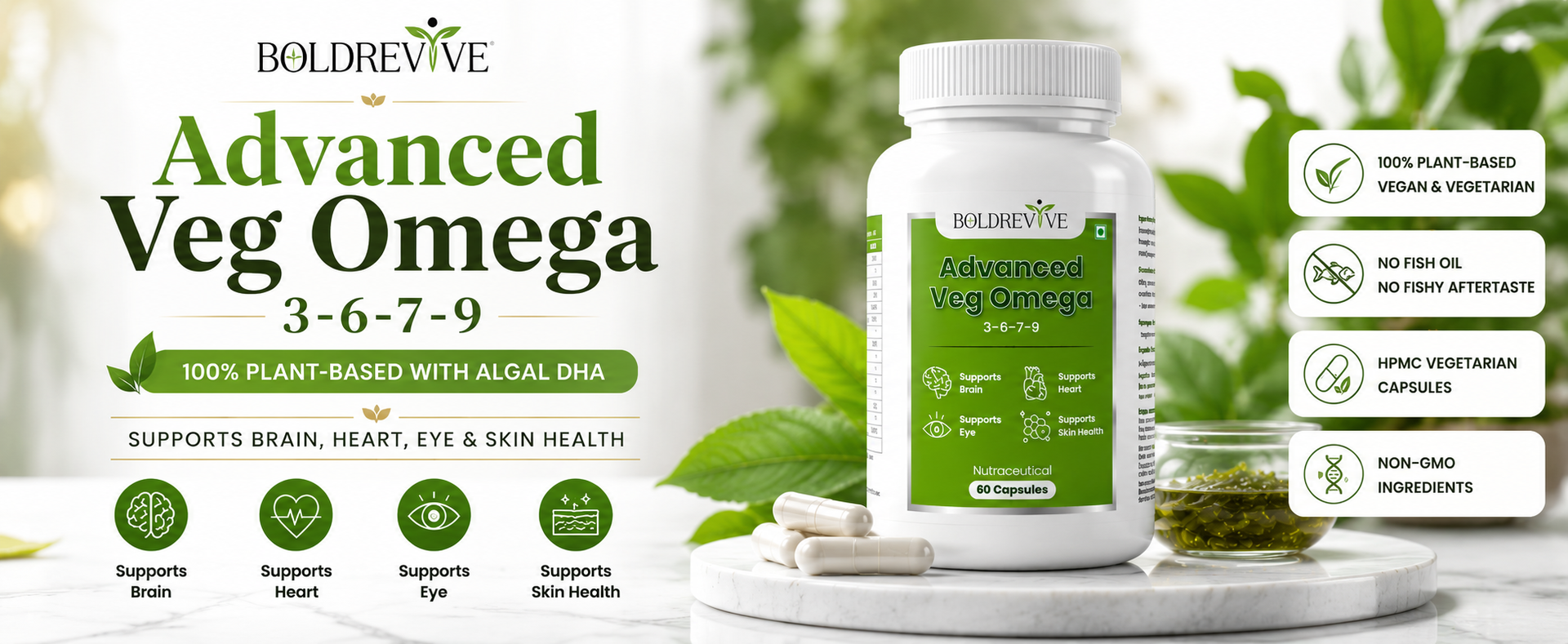 Vegan Omega 3 6 9 Capsules with Algal DHA EPA, Evening Primrose, Sea Buckthorn & Vitamin D3 – 60 Veg Capsules for Men & Women