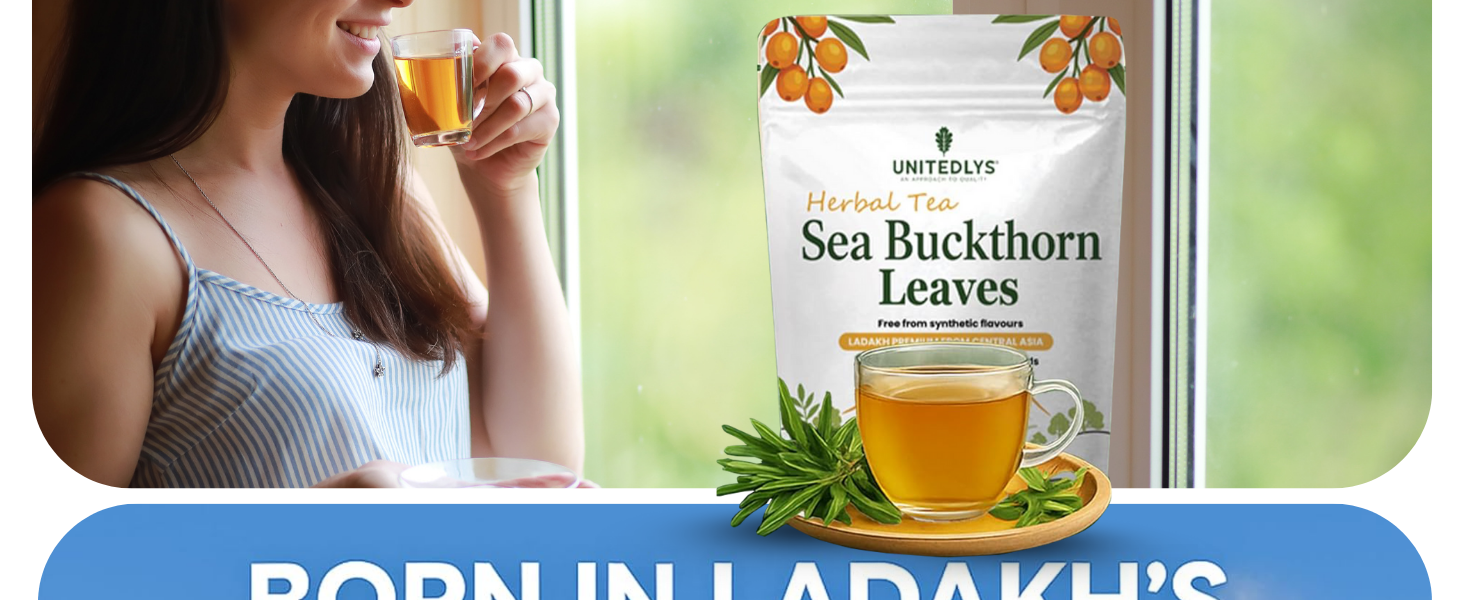 Unitedlys Himalayan Sea Buckthorn Leaves 50g | Supports Skin & Immunity | Caffeine-Free, Sun-Dried Sea buckthorn for Wellness & Healthy Lifestyle