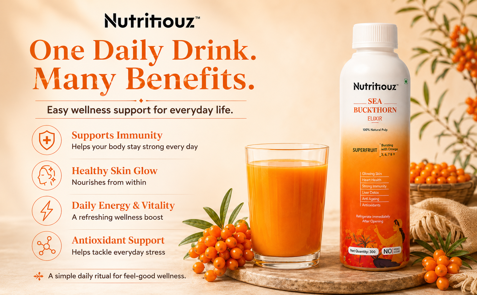 Himalayan Sea buckthorn Elixir – 300 ml | Cold-Pressed Sea Buckthorn Pulp | Rich in Natural Vitamin C, Omegas 3, 6, 7 & 9 | Antioxidant-Rich Herbal Juice for Immunity, Heart Wellness, Skin Radiance & Digestive Health | Pack of 4