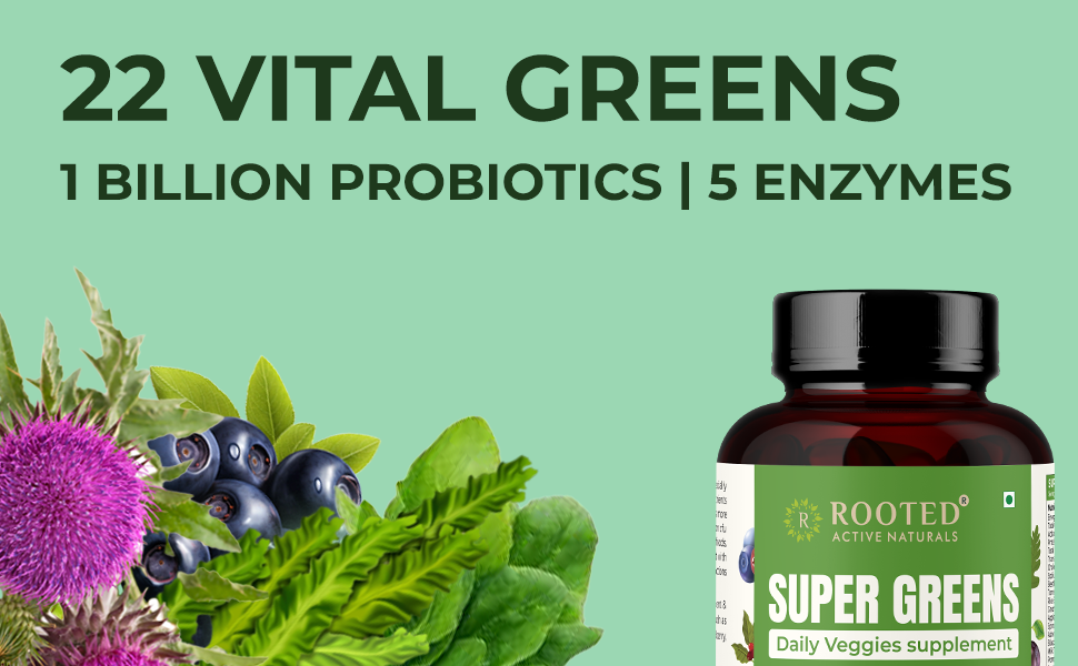 Rooted Active's Super Green Tablets for Men & Women | Comprehensive Daily Supplement with 22+ Vital Greens, 1 Billion Probiotics, 5 Enzymes | Supports Gut Health, Energy, Immunity | 60 Tablets