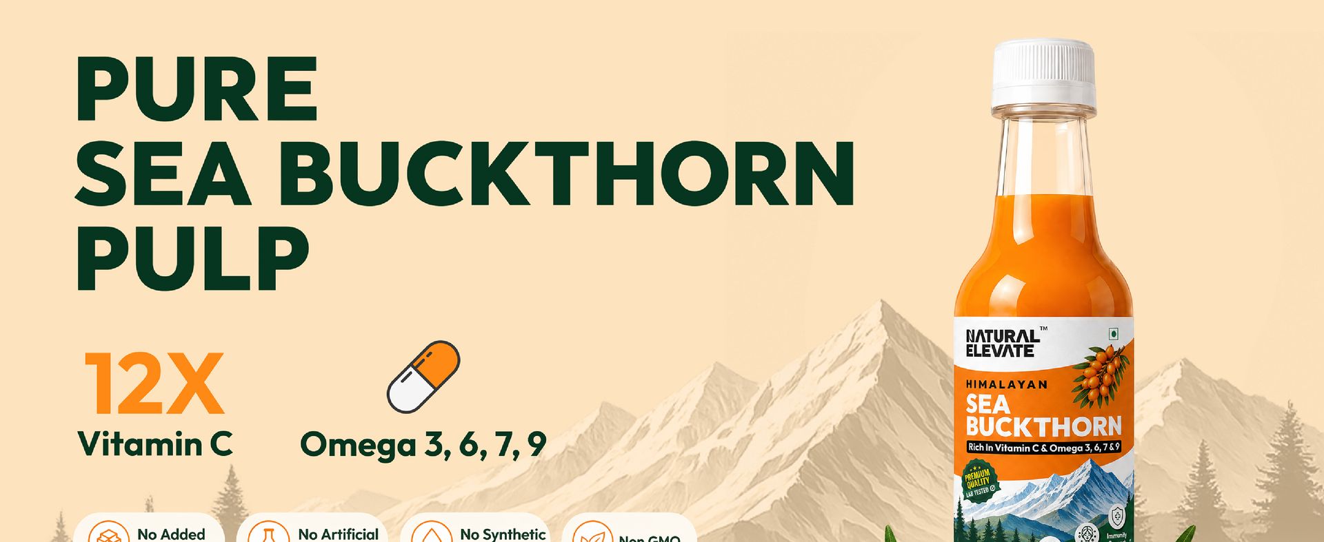 Natural Elevate Pure Himalayan Sea Buckthorn Juice 600ml | Cold-Pressed Sea Buckthorn Pulp Concentrate | Rich in Omega 3, 6, 7 & 9 + Vitamin C | Antioxidant-Rich Nutraceutical | Supports Immunity, Skin, Heart & Gut Health | No Added Sugar | Lab Tested