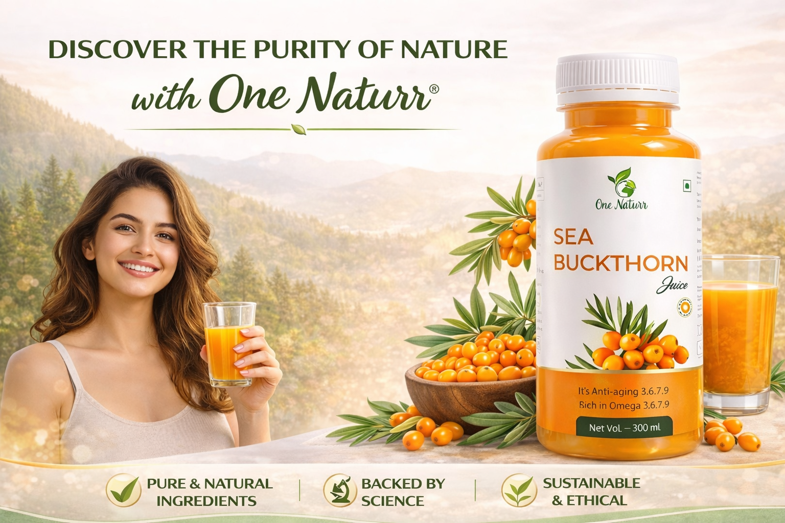 One Naturr - Sea Buckthorn Juice, Himalayan Berry Juice - 300ml, Anti-aging, Rich in Omega 3 6 7 9, Orange, Liquid Form, Gluten Free (Pack of 2, 300ml each)