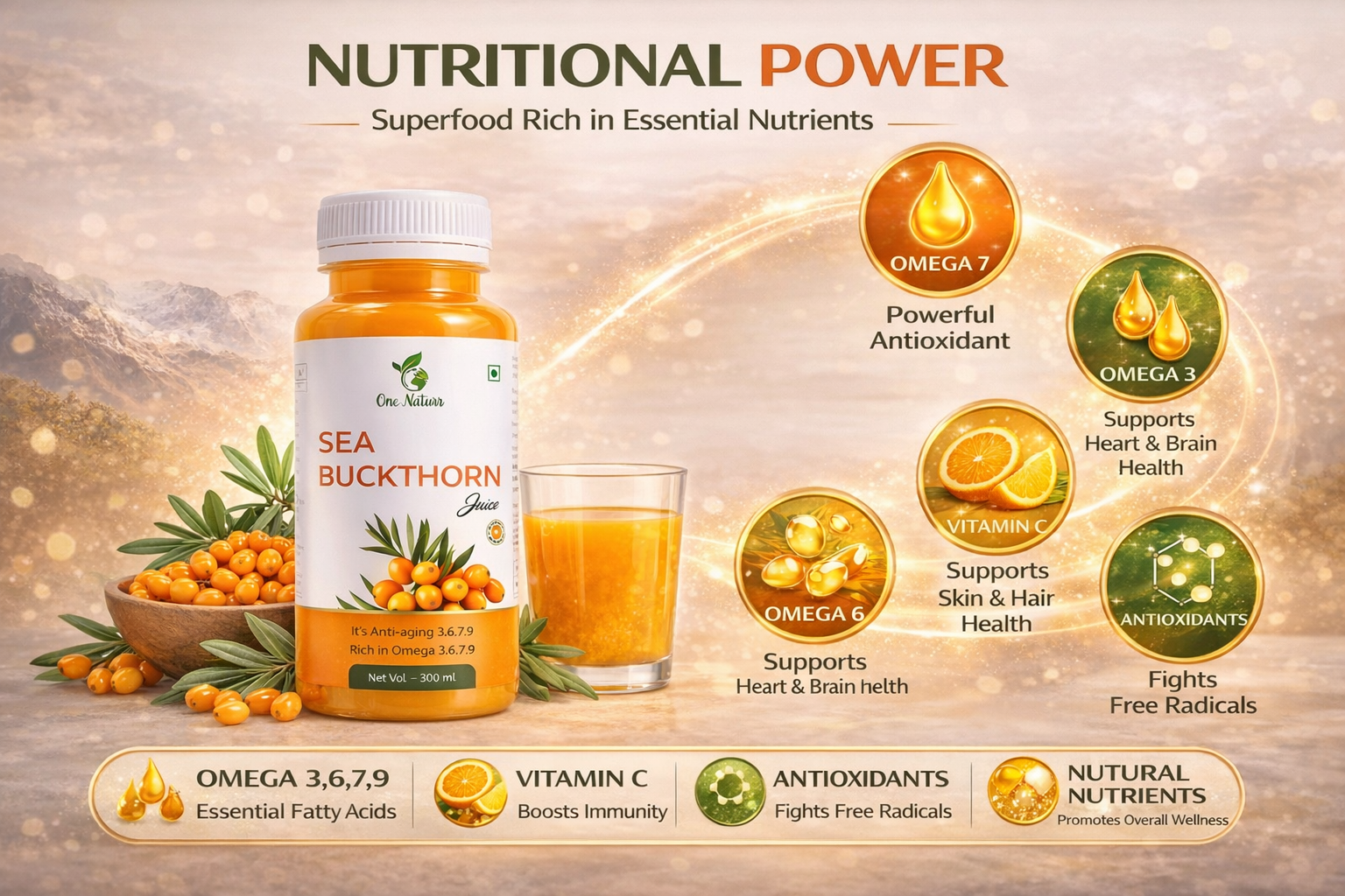 One Naturr - Sea Buckthorn Juice, Himalayan Berry Juice - 300ml, Anti-aging, Rich in Omega 3 6 7 9, Orange, Liquid Form, Gluten Free (Pack of 2, 300ml each)