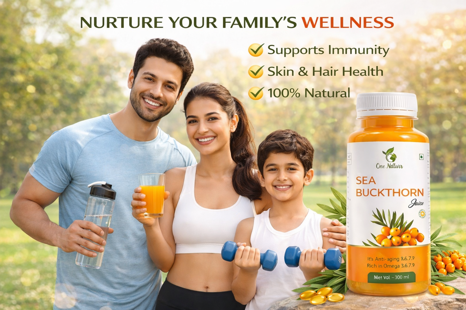 One Naturr - Sea Buckthorn Juice, Himalayan Berry Juice - 300ml, Anti-aging, Rich in Omega 3 6 7 9, Orange, Liquid Form, Gluten Free (Pack of 2, 300ml each)