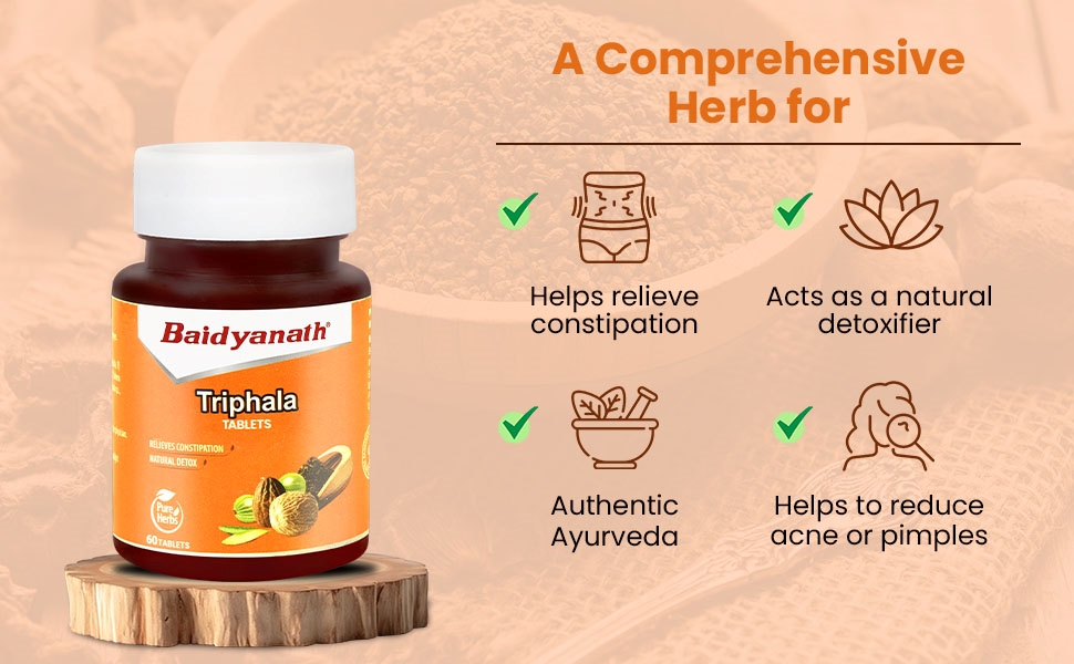 Baidyanath Ayurved Triphala 60 Tablets (500mg / Per Serving) | Supports Healthy Digestion | Improves Bowel Wellness| Relieves Constipation
