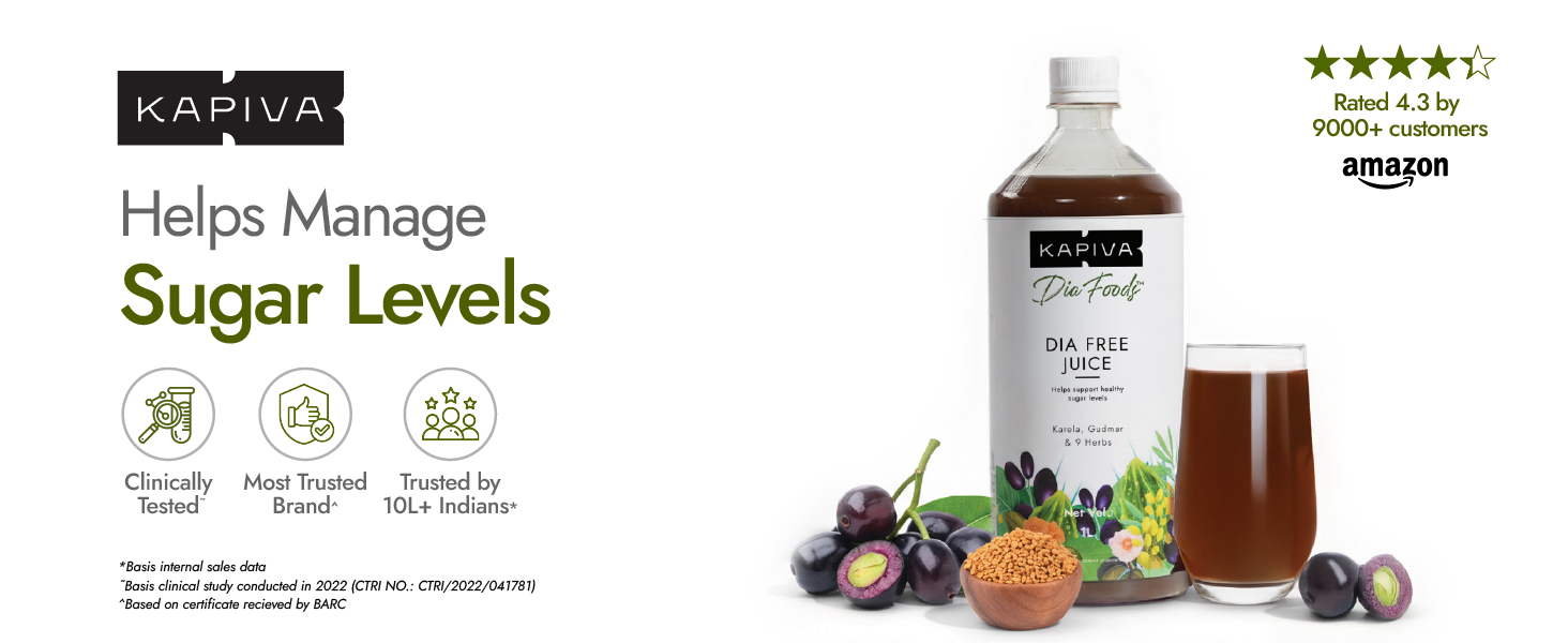 Kapiva Dia Free Juice, 4L | Scientifically designed formulation to support sugar levels | Karela, Vijaysar and 9 Herbs